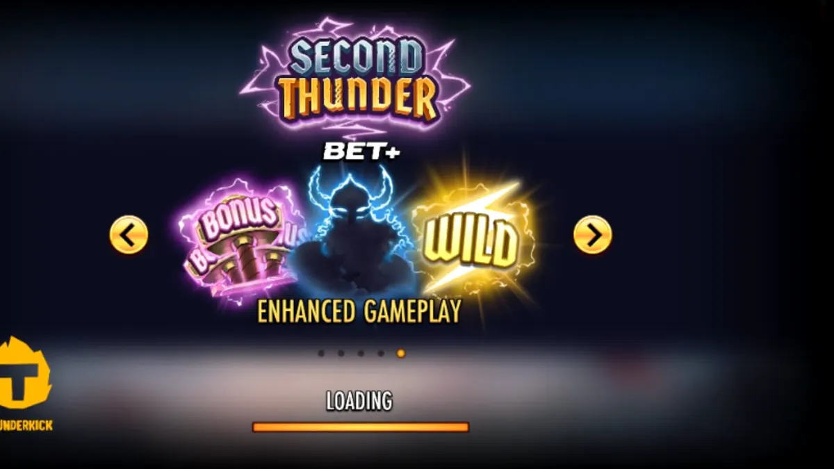 Pemandangan atmosferik dari slot Second Thunder dengan latar belakang pegunungan bersalju dan prajurit Viking.